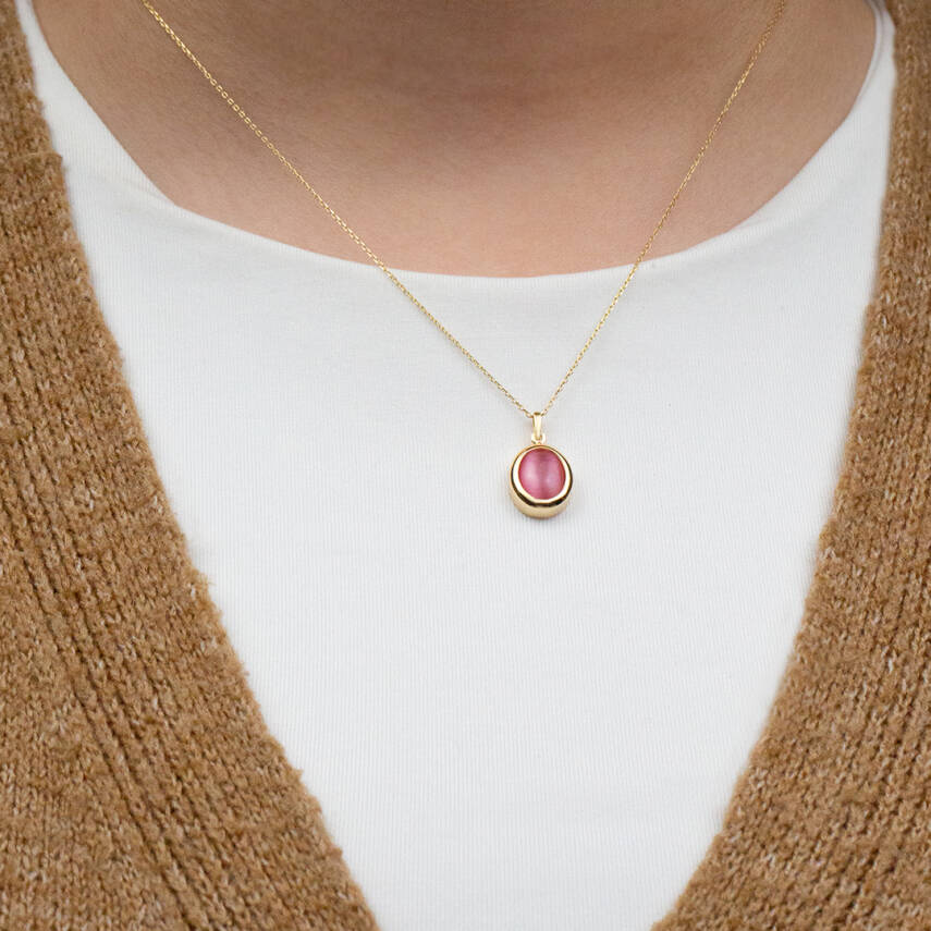 Doğal Pembe Taş Kolye - 1