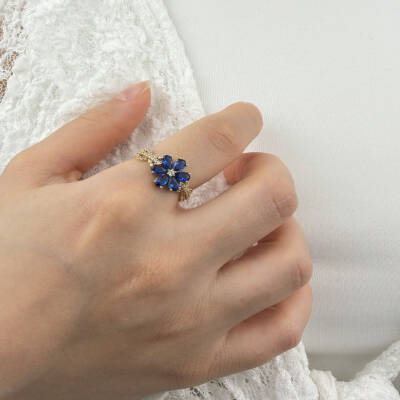 Lacivert Çicek Desenli Yüzük - 