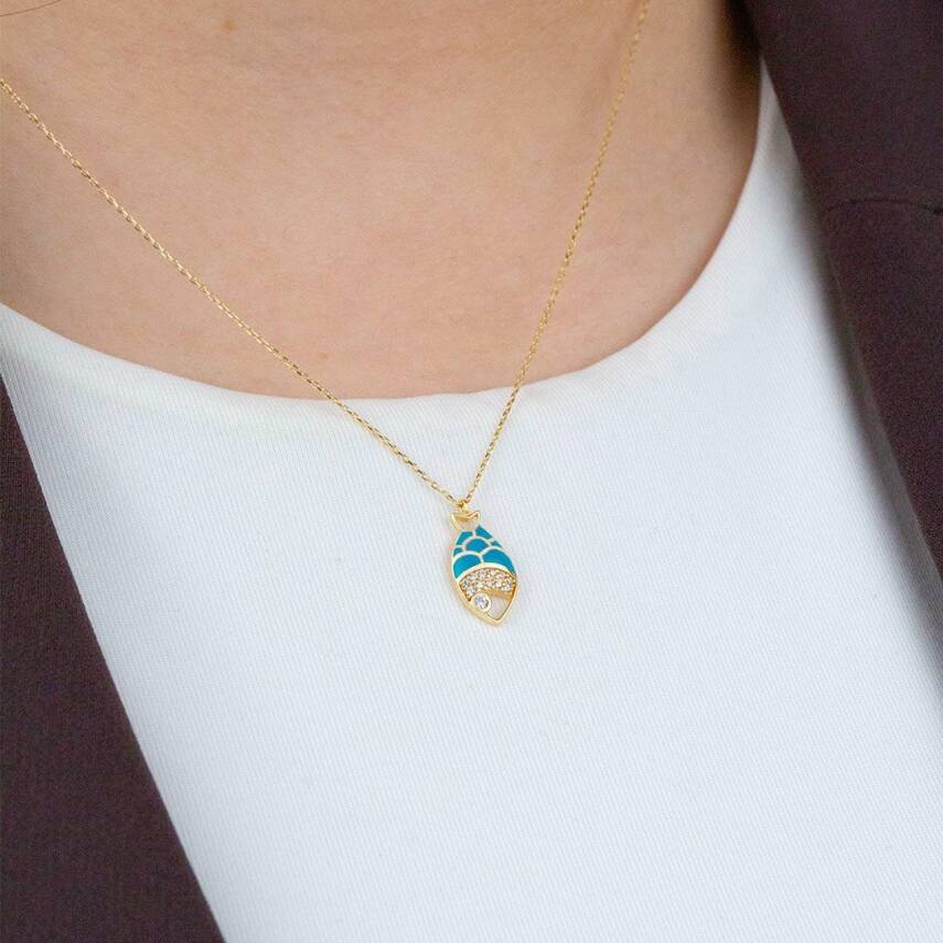 Mavi Taşlı Balık Kolye - 1