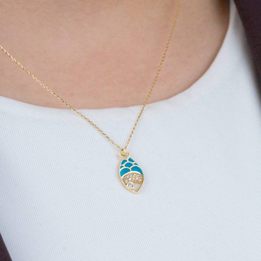 Mavi Taşlı Balık Kolye - 2