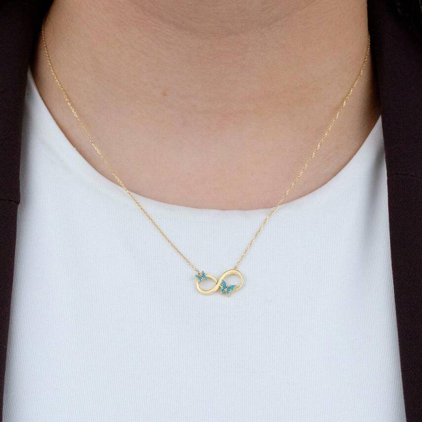 Mavi Taşlı Kelebekli Sonsuzluk Kolye - 1