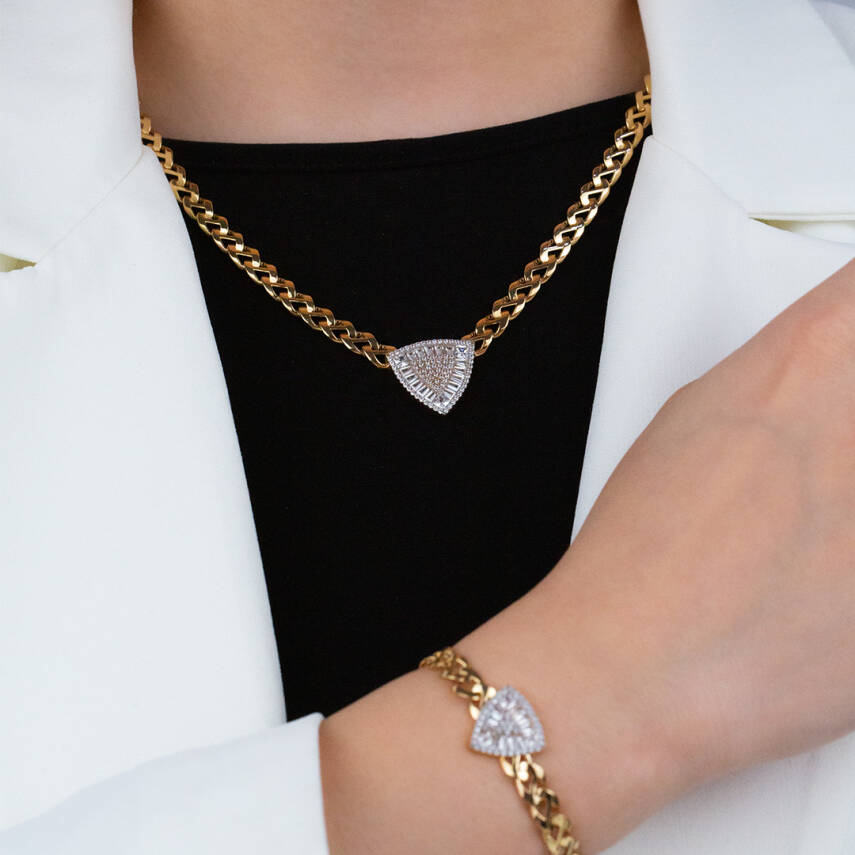 Üçgen Baget Taşlı Kolye Set - 1