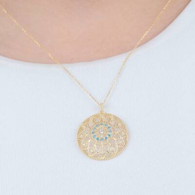 Yuvarlak Mavi Taşlı Kolye - 