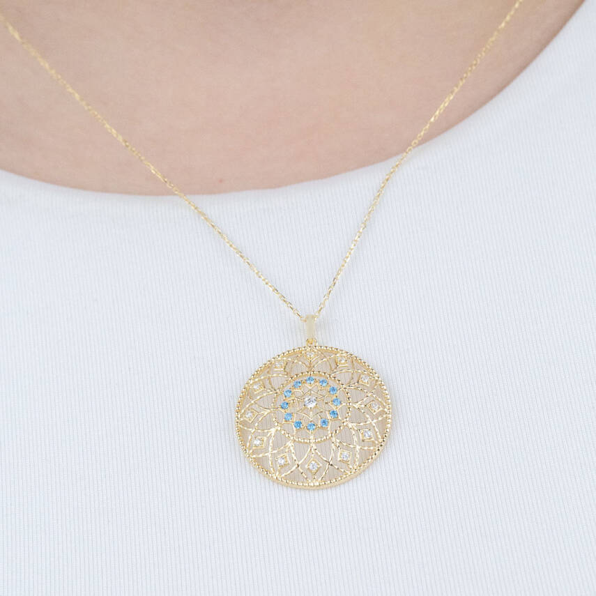 Yuvarlak Mavi Taşlı Kolye - 2